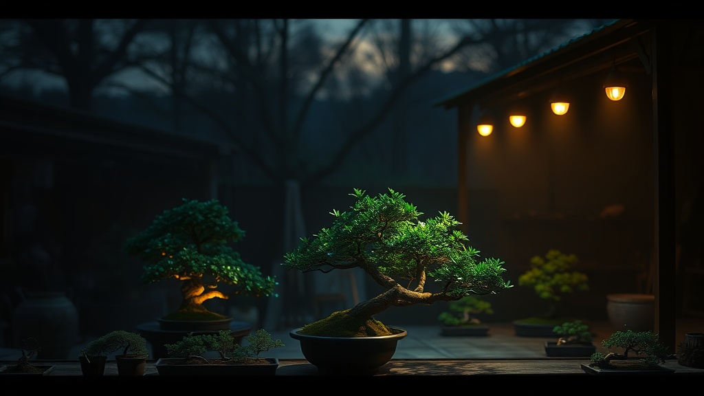 Atmospheric bonsai grove workshop scene